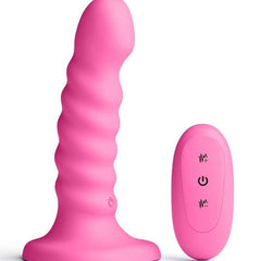 Colours Ribbed Rechargeable Silicone Vibrating Dildo with Remote Control - Pink - 5in