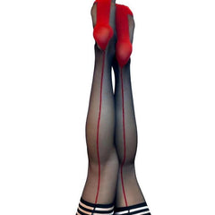 Kixies Ginny Sheer with Back Seamed Thigh Highs - Size D - Black/Red - XLarge