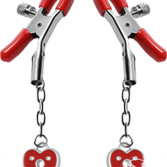 Master Series - Crimson Tied Charmed Heart Padlock Nipple Clamps - Red