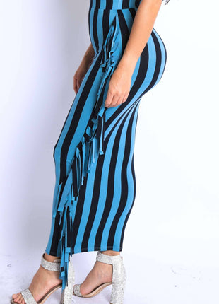 Vertical stripe printed fringed maxi skirt