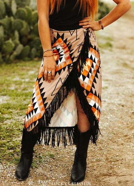 Mocha Aztec Asymmetrical Fringe Skirt
