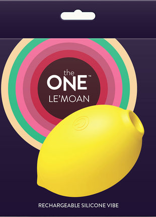 Silicone vibe packaging with lemon shape and 'the ONE Le'Moan' branding on a dark background.