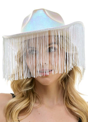 White Iridescent Fringe Cowboy Hat