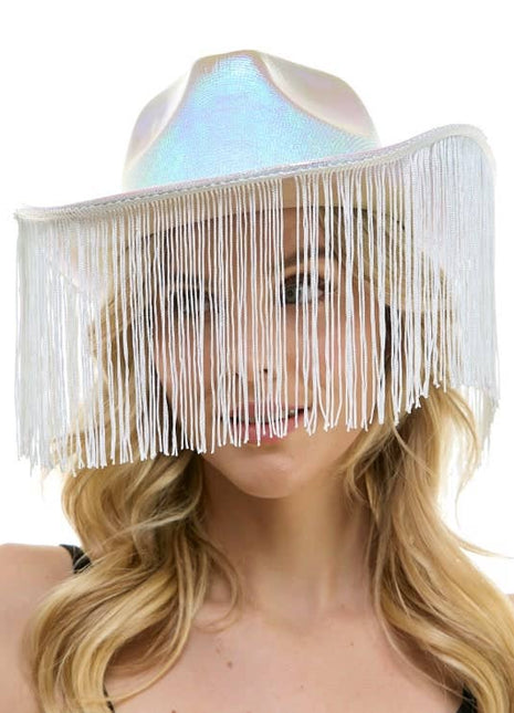 White Iridescent Fringe Cowboy Hat