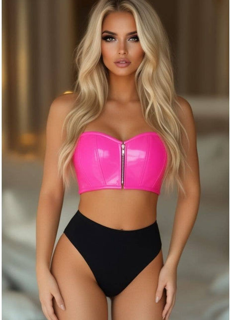 Lavish Hot Pink Patent Crop Bustier Top