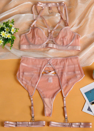 Sexy Mesh Strappy Bra & Garter Set