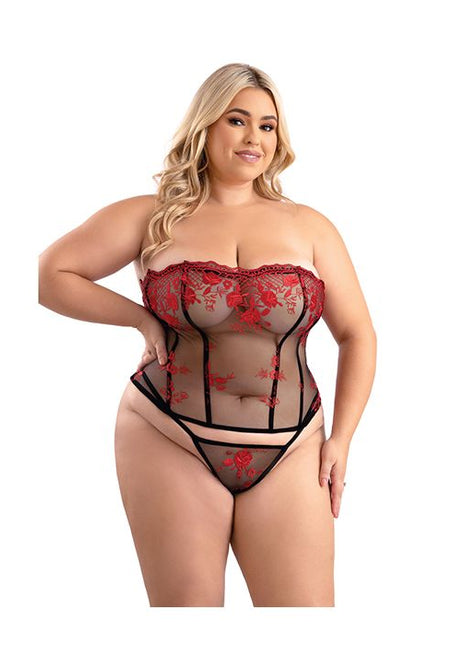 Floral Embroidered Mesh Corset w/G-String