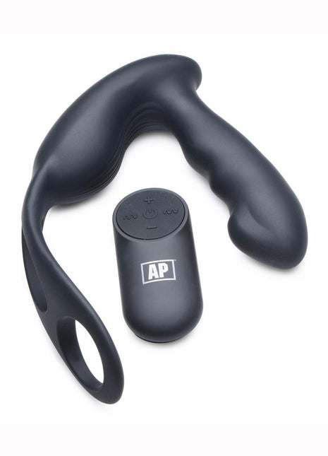 Alpha Pro 7x P-Strap Milker Silicone Rechargeable Vibrating Prostate Plug with Milking Bead, Cock and Ball Ring and Remote Control - Black
