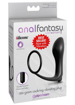 Anal Fantasy Collection Ass-Gasm Cockring Vibrating Plug Kit Silicone Waterproof - Black