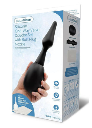 Aquaclean 150ml One Way Valve Douche with Butt Plug Nozzle - Black