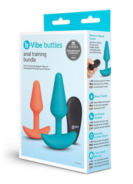 B-Vibe Butties Silicone Anal Training Set with Remote Control - Orange/Teal - 2 Pc