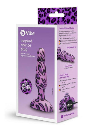 B-Vibe Novice Plug Rechargeable Silicone Anal Plug with Remote Control - Animal Print/Leopard/Purple