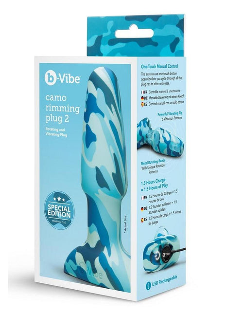 B-Vibe Rimming Plug 2 Rechargeable Silicone Anal Plug - Camo - Blue