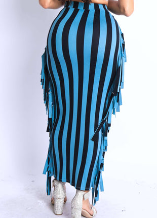 Vertical stripe printed fringed maxi skirt