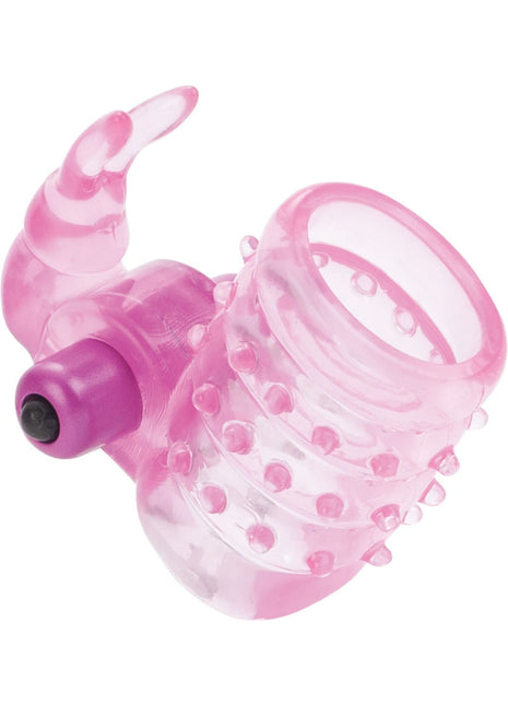 Basic Essentials Stretchy Vibrating Bunny Enhancer Cock Ring with Clitoral Stimulation - Pink