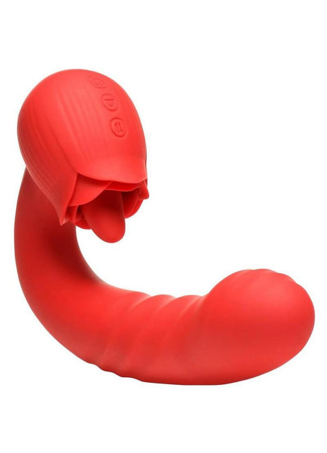 Bloomgasm Boom Bloom Thrusting and Licking Rechargeable Silicone Rose Vibrator - Red