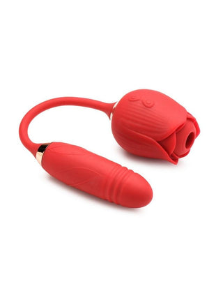 Bloomgasm Romping Rose 10x Rechargeable Silicone Suction Rose and Thrusting Vibrator - Red