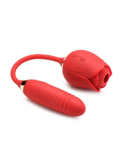 Bloomgasm Romping Rose 10x Rechargeable Silicone Suction Rose and Thrusting Vibrator - Red