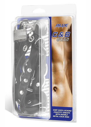 Blue Line C and B Gear Gimp Cock Locking Chastity Sheath with Metal Double Cock Ring - Black/Metal