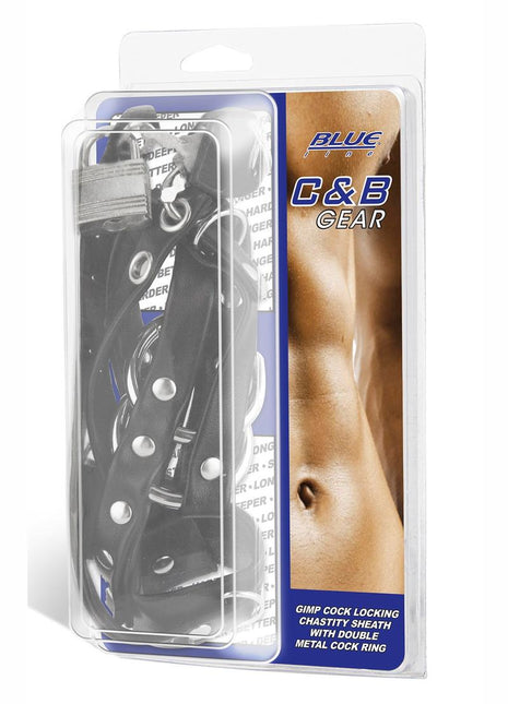 Blue Line C and B Gear Gimp Cock Locking Chastity Sheath with Metal Double Cock Ring - Black/Metal