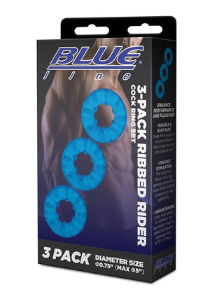Blue Line Ribbed Rider Cock Ring - Blue - 3 Pack