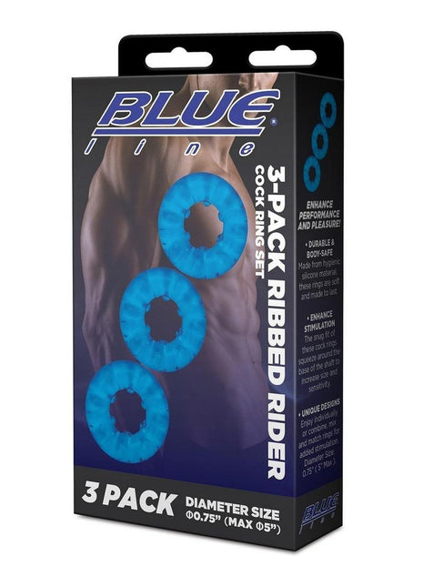 Blue Line Ribbed Rider Cock Ring - Blue - 3 Pack