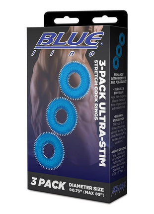 Blue Line Ultra-Slim Stretch Cock Rings - Blue - 3 Pack