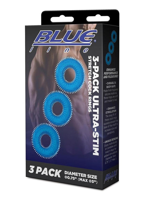 Blue Line Ultra-Slim Stretch Cock Rings - Blue - 3 Pack