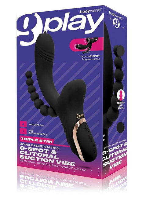 Bodywand G-Play Rechargeable Silicone G-Spot and Suction Vibrator with Anal Beads - Black