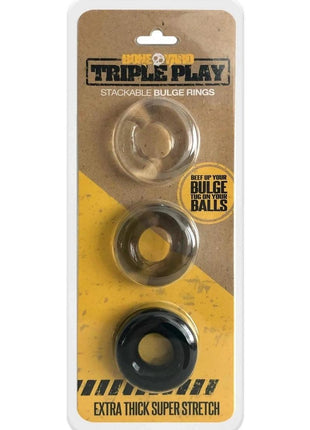 Boneyard Triple Play Stackable Bulge Cock Rings - Assorted Colors/Black - Set Of 3