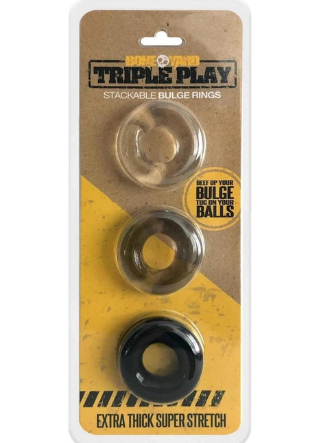 Boneyard Triple Play Stackable Bulge Cock Rings - Assorted Colors/Black - Set Of 3
