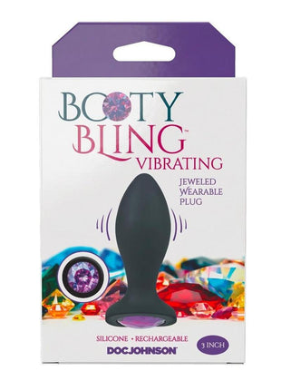 Booty Bling Jeweled Wearable Vibrating Silicone Plug - Purple - 3in
