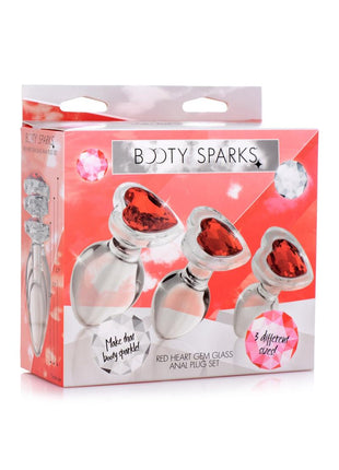 Booty Sparks Red Heart Gem Glass Plug - Clear/Red - Large/Medium/Small - 3pc/Set