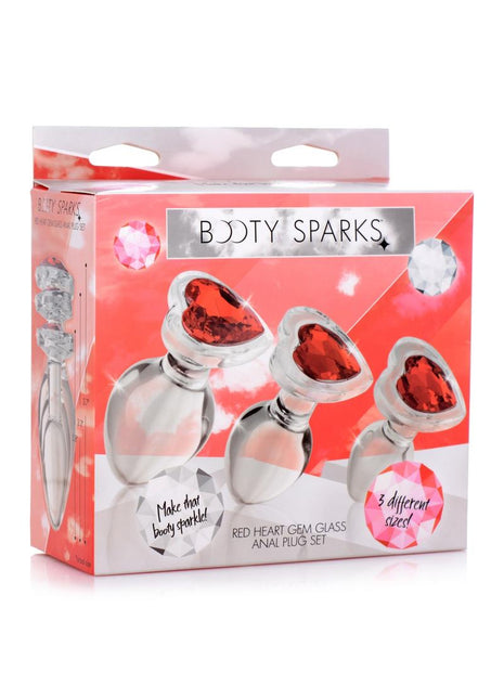 Booty Sparks Red Heart Gem Glass Plug - Clear/Red - Large/Medium/Small - 3pc/Set