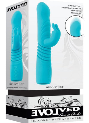 Bunny Hop Rechargeable Silicone Throbbing Rabbit Vibrator - Blue