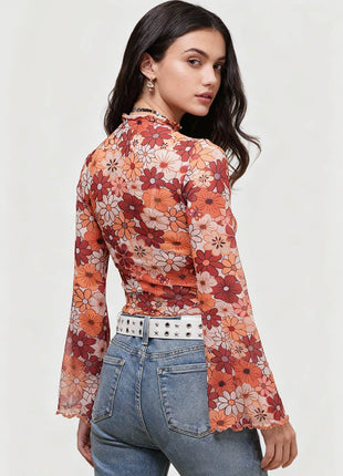Flare Printed Mesh Bell Sleeve Crop Top