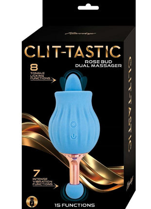 Clit-Tastic Rose Bud Dual Massager Rechargeable Silicone with Clitoral Stimulator - Blue
