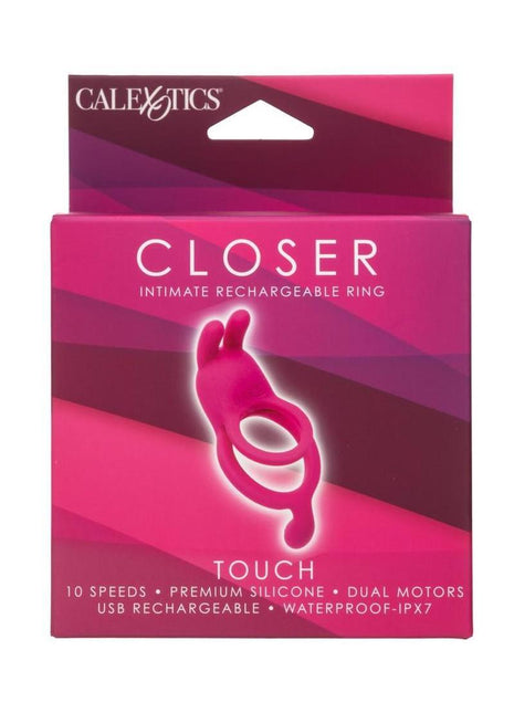 Closer Intimate Rechargeable Ring Touch Silicone Dual Vibe Cock Ring with Clitoral Stimulator - Pink