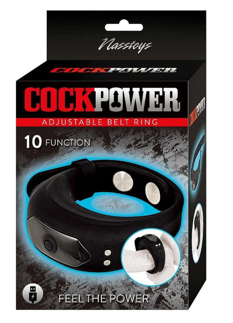 Cockpower Adjustable Belt Rechargeable Silicone Cock Ring - Black