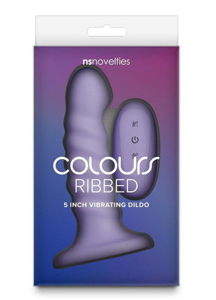 Colours Ribbed Rechargeable Silicone Vibrating Dildo with Remote Control - Purple - 5in
