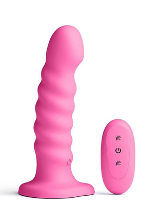Colours Ribbed Rechargeable Silicone Vibrating Dildo with Remote Control - Pink - 6in