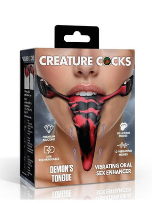 Creature Cocks Demon's Tongue Vibrating Rechargeable Silicone Oral Enhancer with Harness - Black/Red