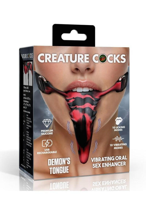 Creature Cocks Demon's Tongue Vibrating Rechargeable Silicone Oral Enhancer with Harness - Black/Red