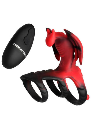 Creature Cocks Dragon Flight Vibrating Rechargeable Silicone Cock Ring with Remote - Black/Red