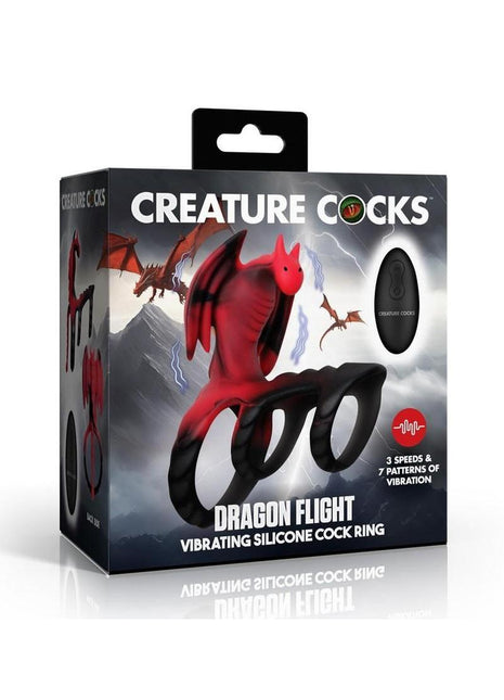 Creature Cocks Dragon Flight Vibrating Rechargeable Silicone Cock Ring with Remote - Black/Red
