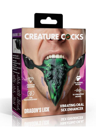 Creature Cocks Dragon's Lick Vibrating Rechargeable Silicone Oral Enhancer with Harness - Black/Green
