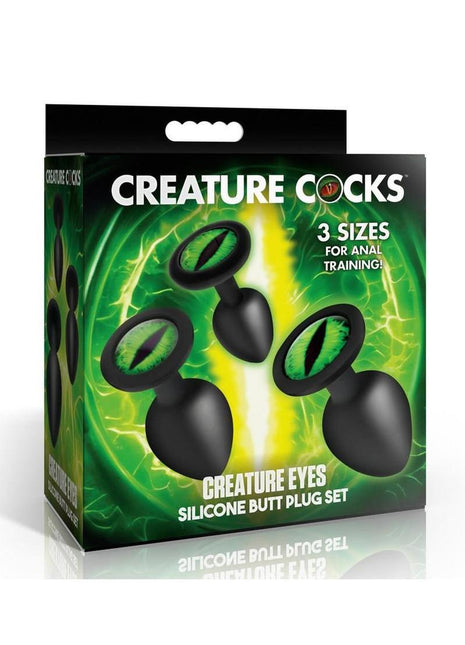 Creature Cocks Green Eye Silicone Butt Plug - Black/Green - 3 Piece/Set