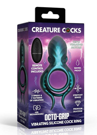 Creature Cocks Octo Grip Vibrating Rechargeable Silicone Cock Ring with Remote - Blue