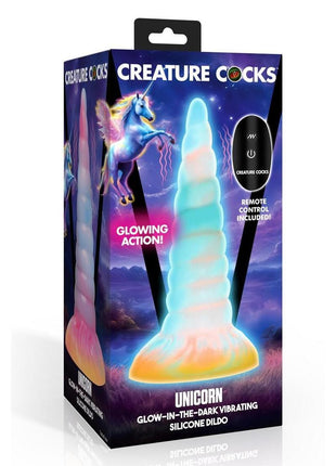 Creature Cocks Unicorn Glow In The Dark Vibrating Rechargeable Silicone Dildo - Glow In The Dark/Multicolor