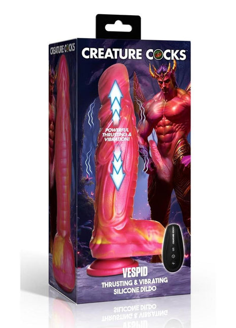 Creature Cocks Vespid Thrusting and Vibrating Silicone Dildo with Remote - Orange/Pink